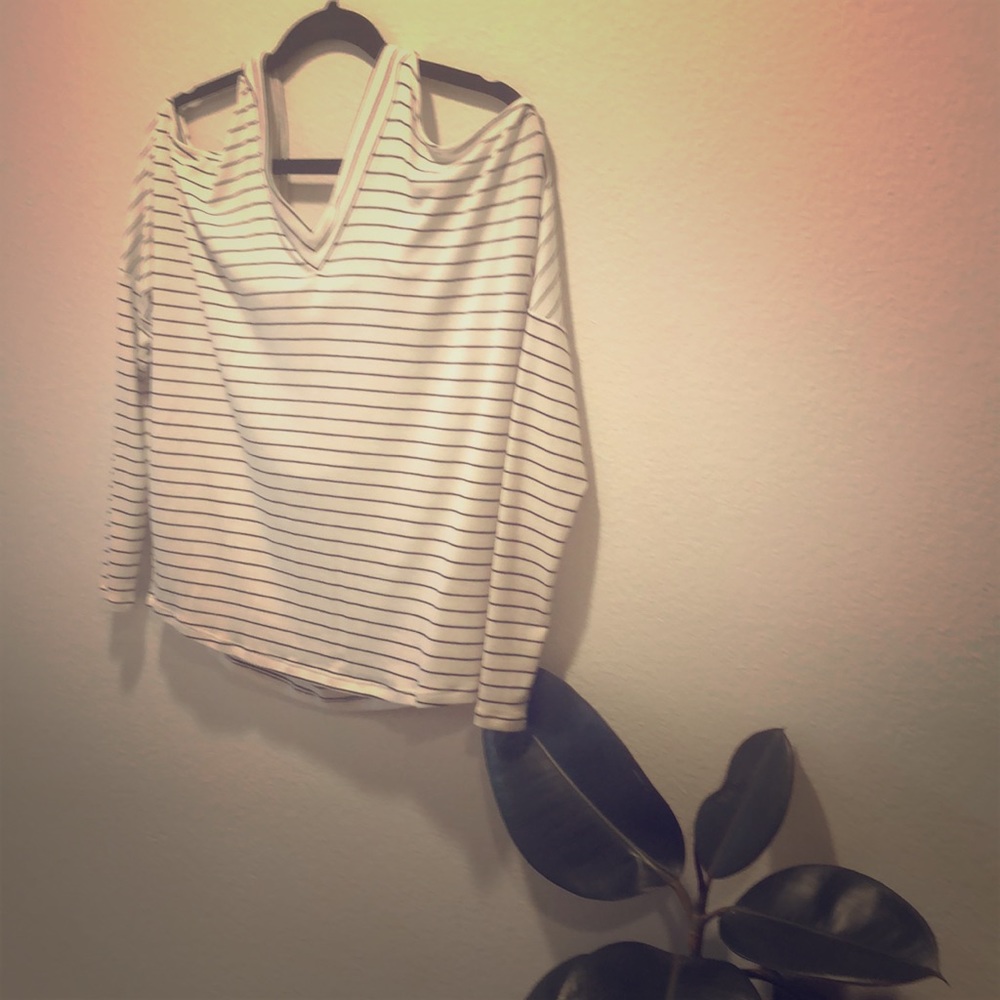 Express Black and White Striped Cold Shoulder Top